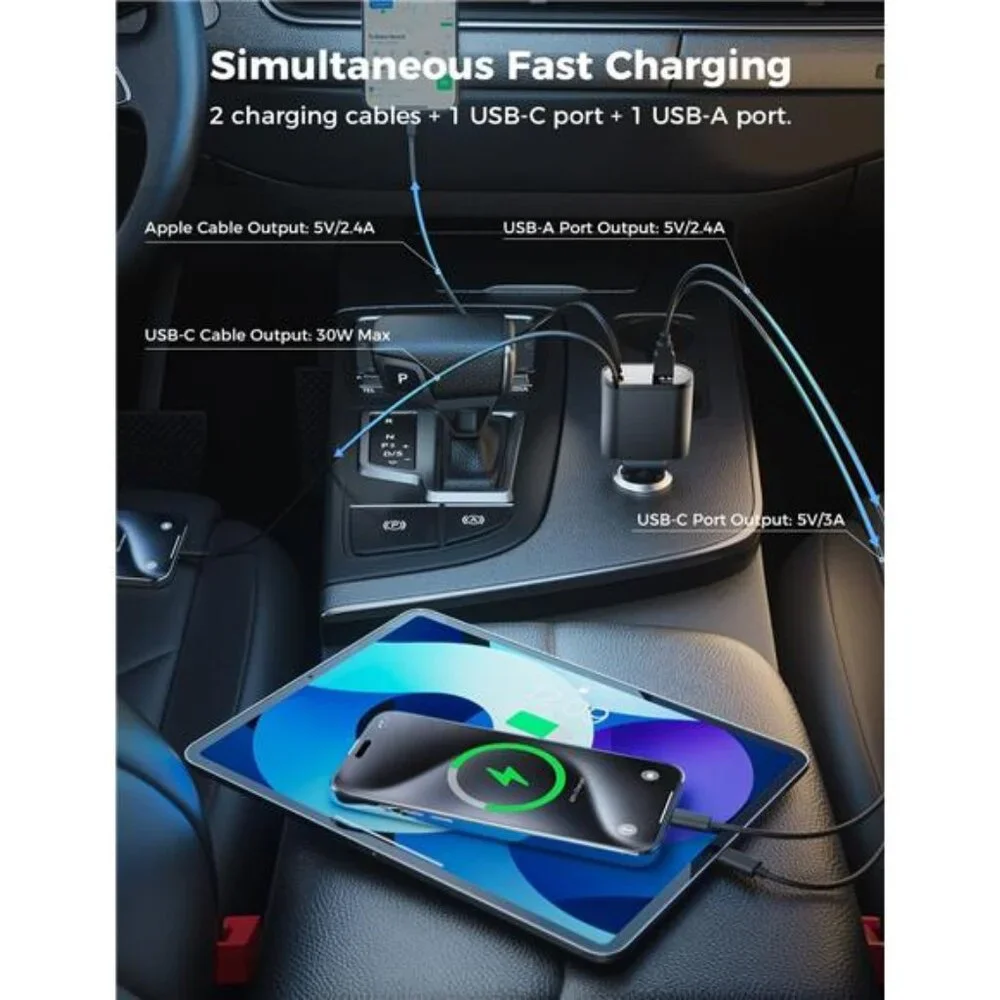 Retractable Car Charger 4 in 1, Fast Car Phone Charger with Cord 2.6ft, USB C